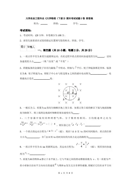 大学农业工程专业《大学物理（下册）》期末考试试题C卷 附答案