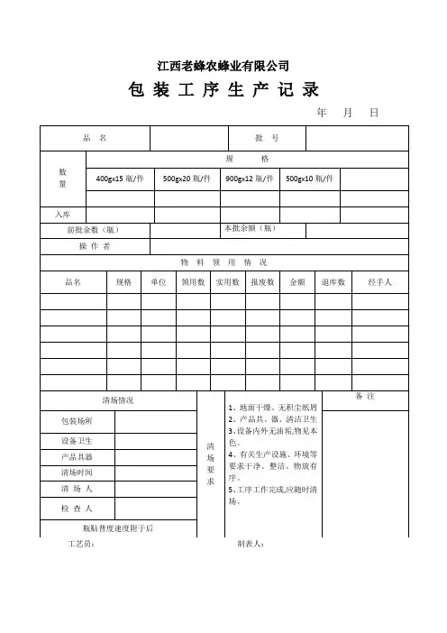 包装工序生产记录,灌装工序生产记录