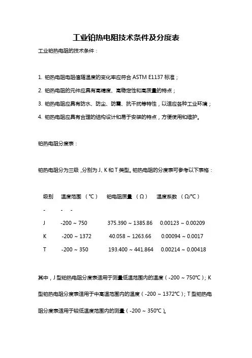 工业铂热电阻技术条件及分度表