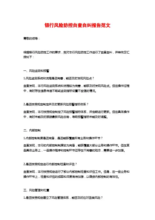银行风险防控自查自纠报告范文