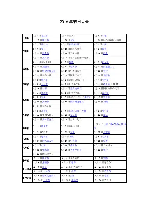 2016年节日大全