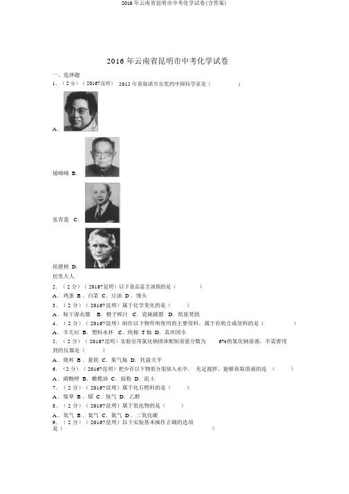 2016年云南省昆明市中考化学试卷(含答案)