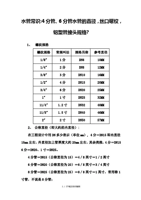 4分管、6分管水管的直径,丝口螺纹,铝塑管接头