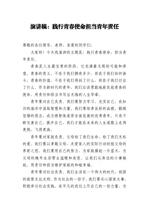 演讲稿：践行青春使命担当青年责任
