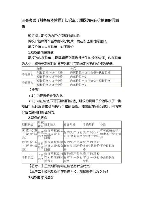 注会考试《财务成本管理》知识点：期权的内在价值和时间溢价