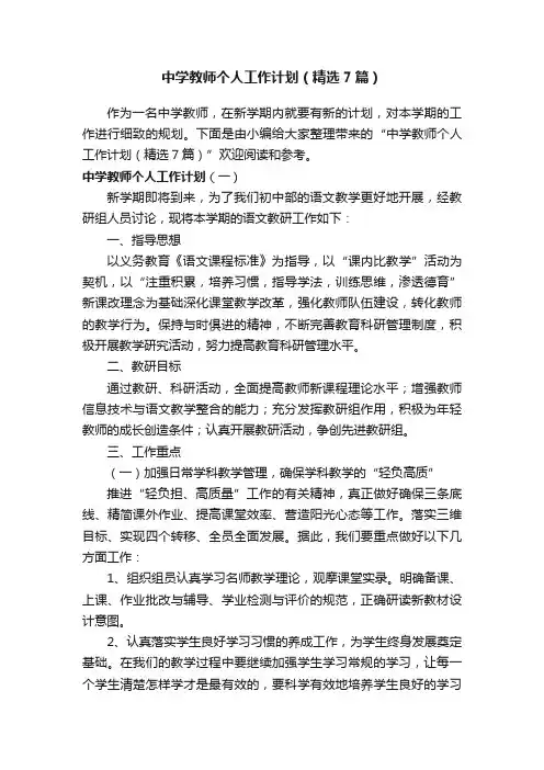 中学教师个人工作计划（精选7篇）