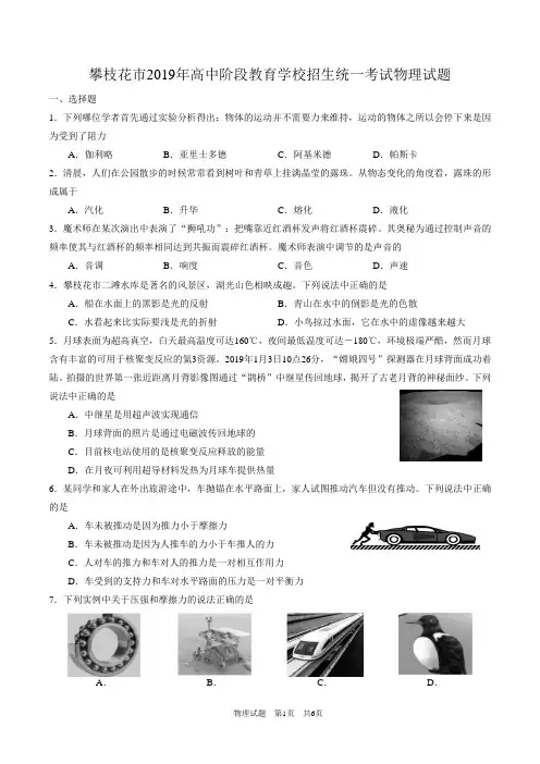 四川省攀枝花市2019年高中阶段教育学校招生统一考试物理试题