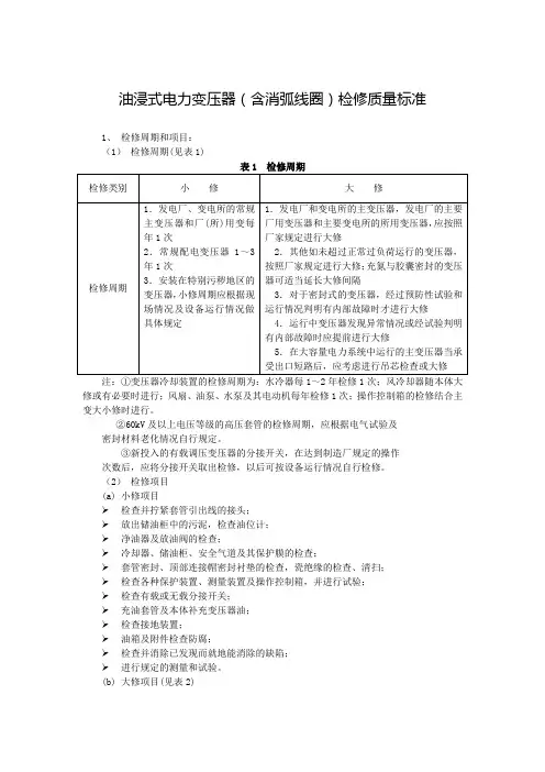 油浸式电力变压器(含消弧线圈)检修质量标准管理规定