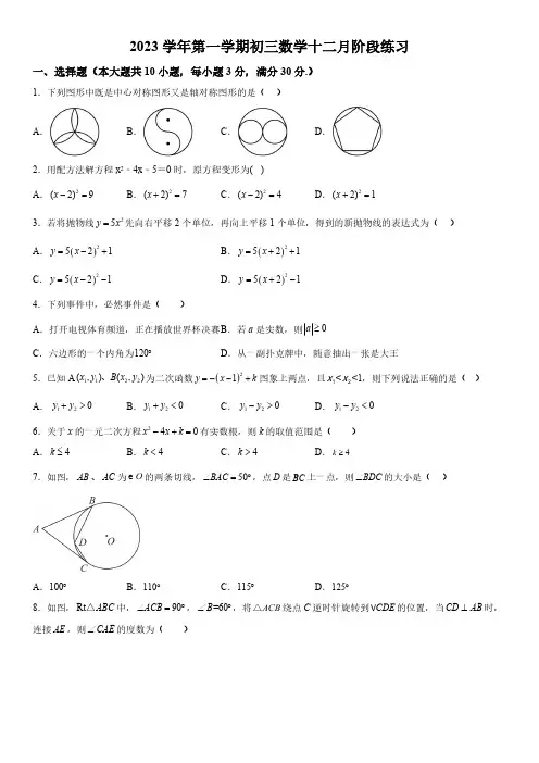 广东省广州市越秀区广东实验中学2023-2024学年九年级上册月考数学试题(含解析)