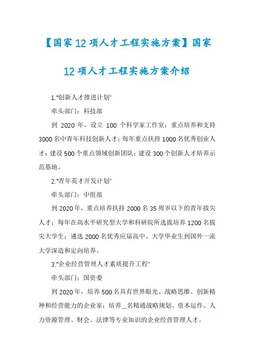 【国家12项人才工程实施方案】国家12项人才工程实施方案介绍