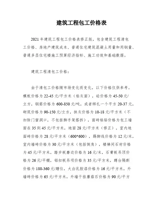 建筑工程包工价格表
