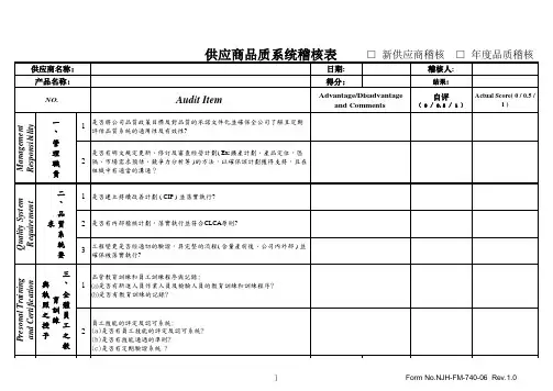 供应商品质系统稽核表