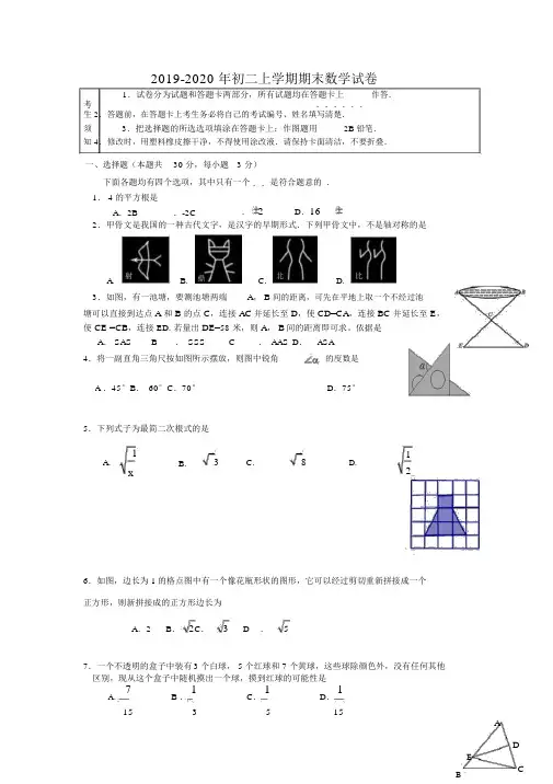 2019-2020年初二上学期期末数学试卷.docx