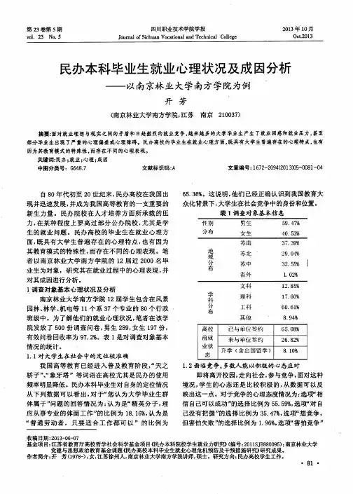 民办本科毕业生就业心理状况及成因分析——以南京林业大学南方学院为例