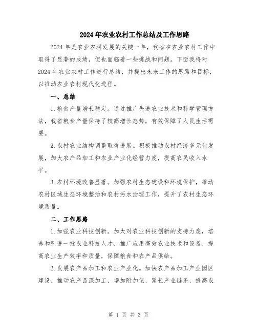 2024年农业农村工作总结及工作思路