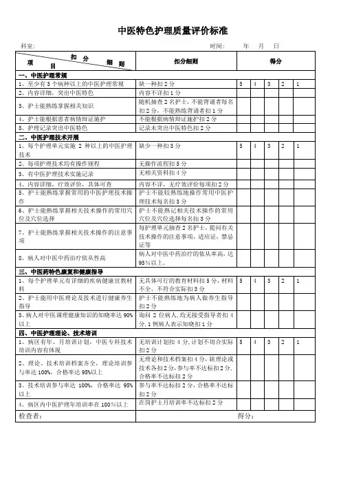 中医特色护理质量评价标准