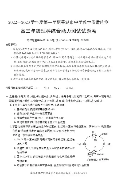 安徽省芜湖市2022-2023学年高三上学期期末质量统测理综含答案