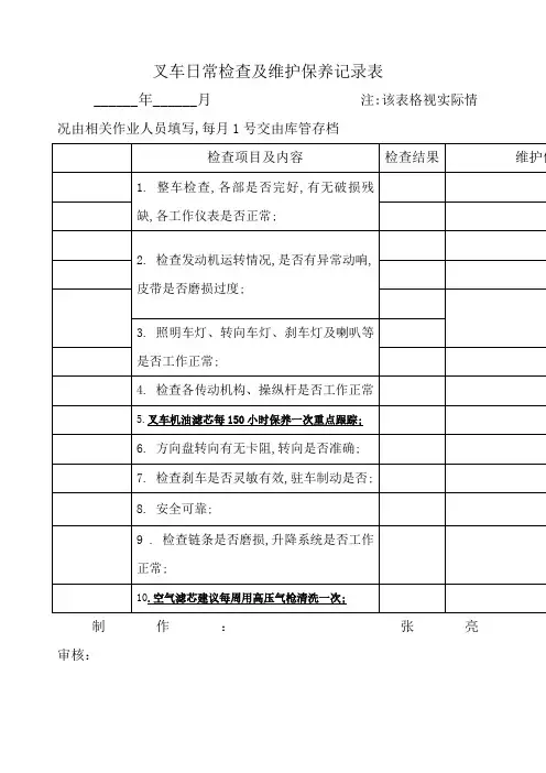 叉车日常检查及维护保养记录表