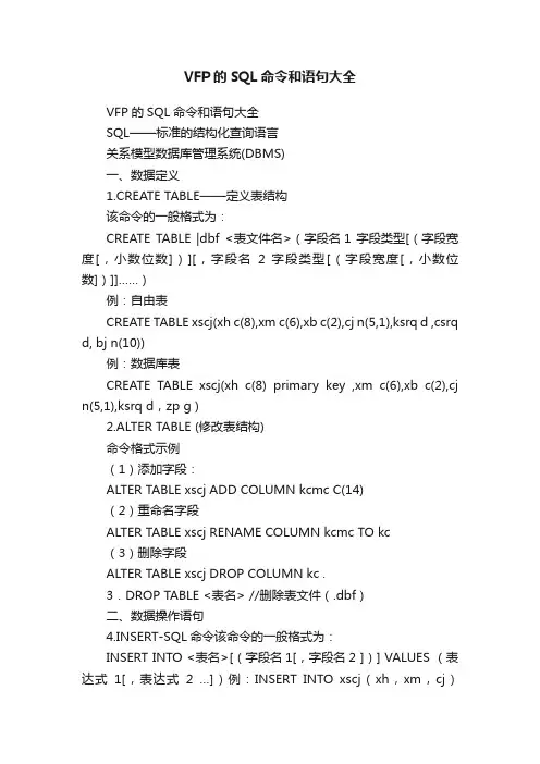 VFP的SQL命令和语句大全