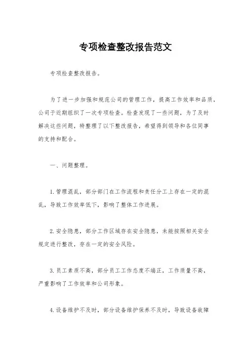 专项检查整改报告范文