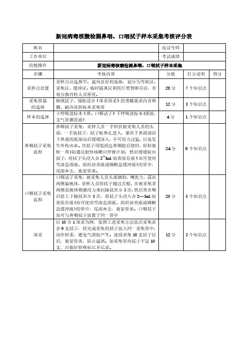 新冠病毒核酸检测鼻咽、口咽拭子样本采集考核评分表