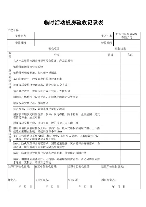 彩钢式活动板房验收记录表