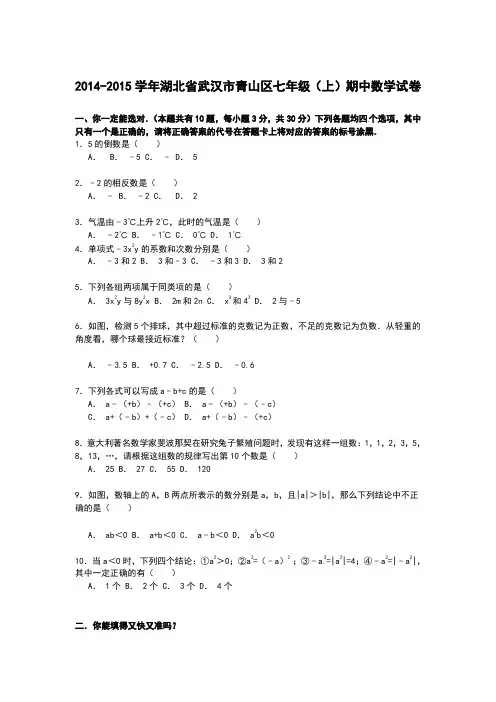 【解析版】2014-2015学年武汉市青山区七年级上期中数学试卷(新课标人教版 小学 七年级上 数学试卷)