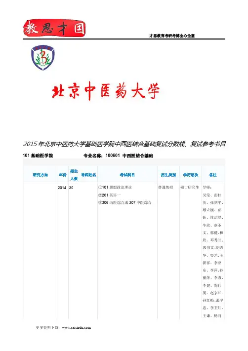 2015年北京中医药大学基础医学院中西医结合基础复试分数线、复试参考书目