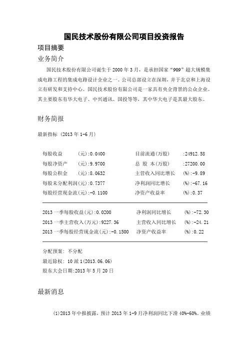 国民技术股份有限公司项目投资报告