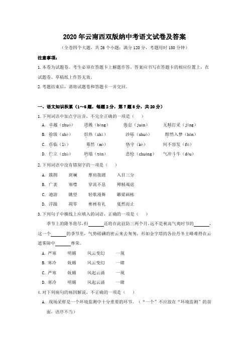 2020年云南西双版纳中考语文试卷及答案