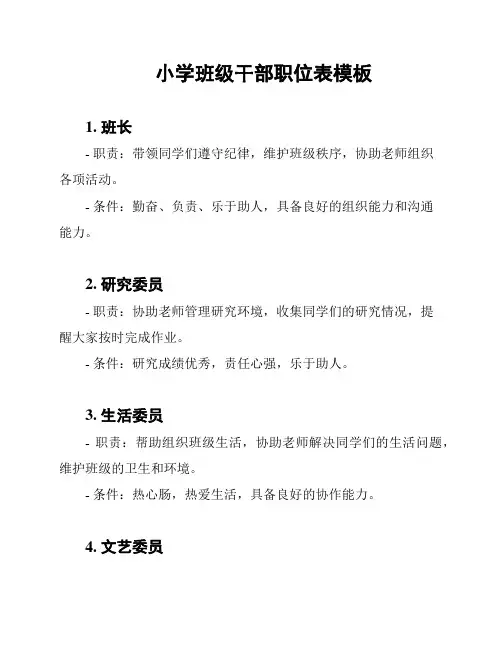 小学班级干部职位表模板