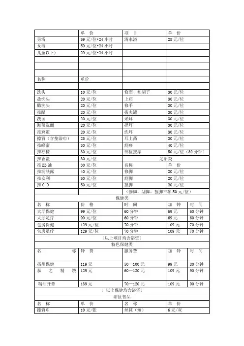 足浴价目表