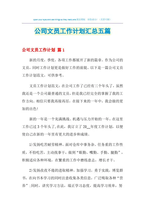 2021年公司文员工作计划汇总五篇