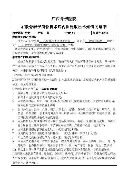 右股骨粗隆骨折术后内固定取出术同意书