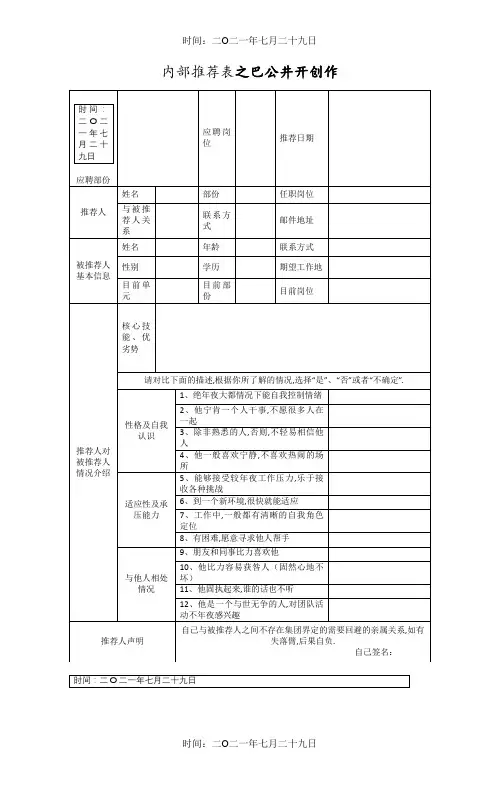 内部推荐表(推荐人填写)