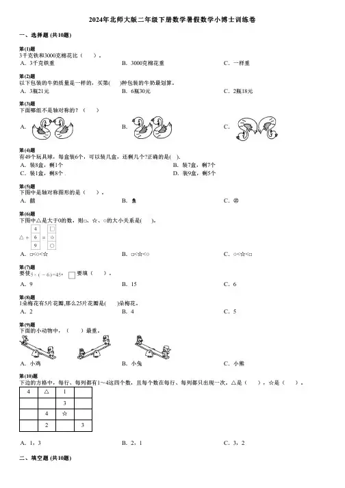 2024年北师大版二年级下册数学暑假数学小博士训练卷