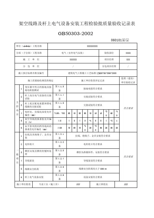 架空线路及杆上电气设备安装工程检验批质量验收记录表