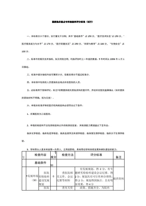国家临床重点专科检验科评分标准