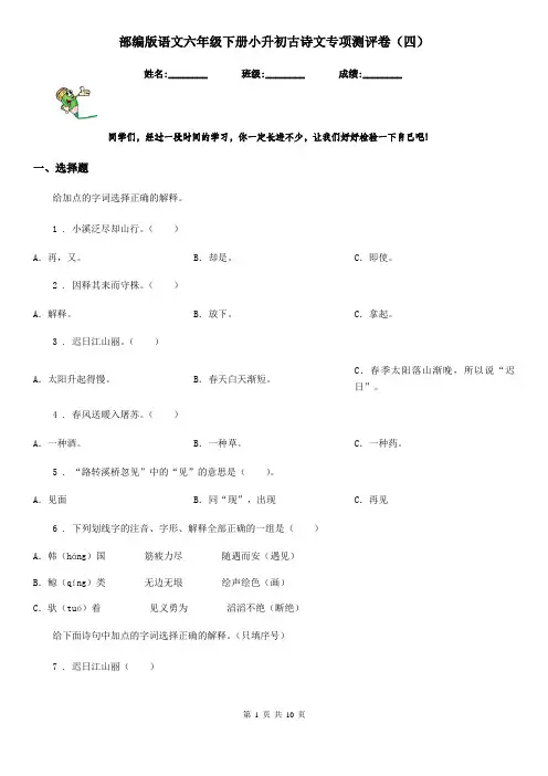 部编版语文六年级下册小升初古诗文专项测评卷(四)