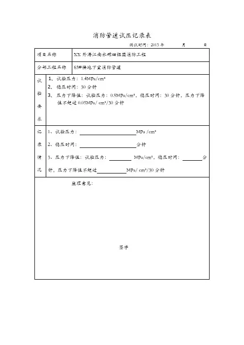 消防管道试压记录表及消防管道水压试验记录