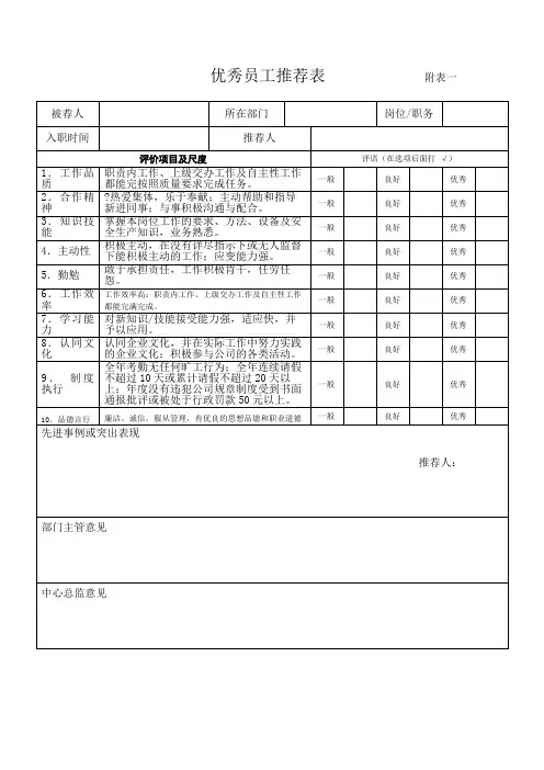 优秀员工推荐表