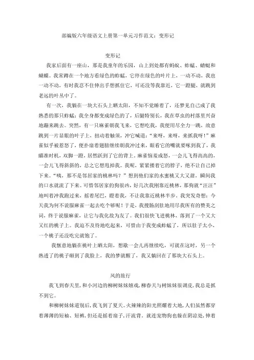 部编版六年级语文上册第一单元习作范文：变形记(8篇)