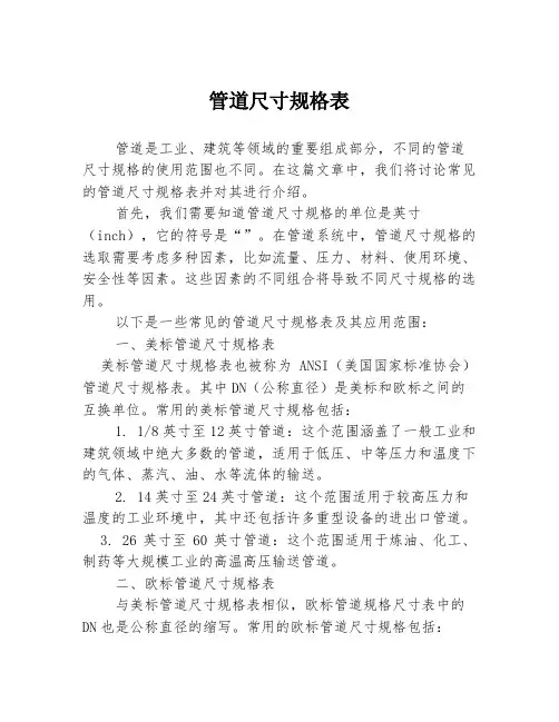 管道尺寸规格表