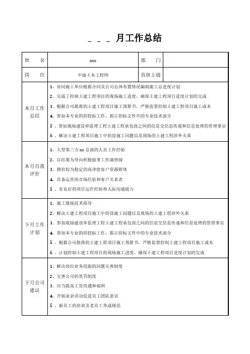 中级土木工程师月工作总结