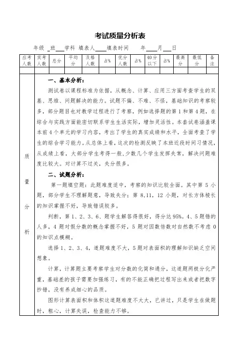 小学数学期末考试质量分析表
