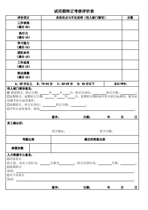 试用期转正考核评价表