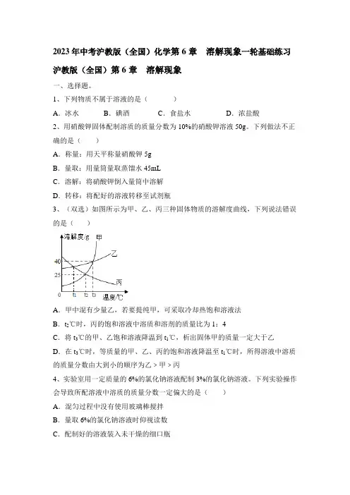 2023年中考沪教版(全国)化学第6章  溶解现象一轮基础练习(含答案)