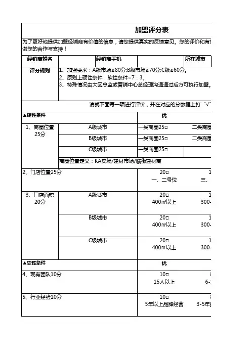 经销商加盟评分表