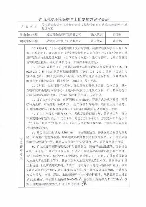 矿山地质环境保护与土地复垦方案审查表