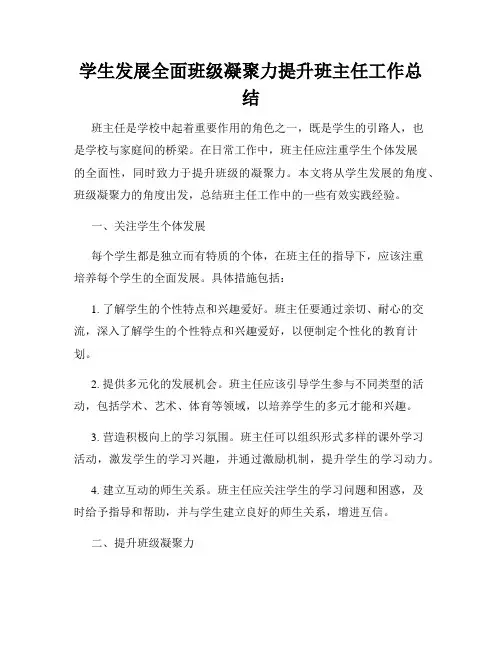 学生发展全面班级凝聚力提升班主任工作总结